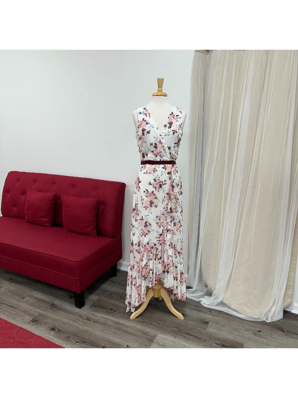 Large Chiffon Burgundy Floral Print Sundress Bridal Shower MOB Dress